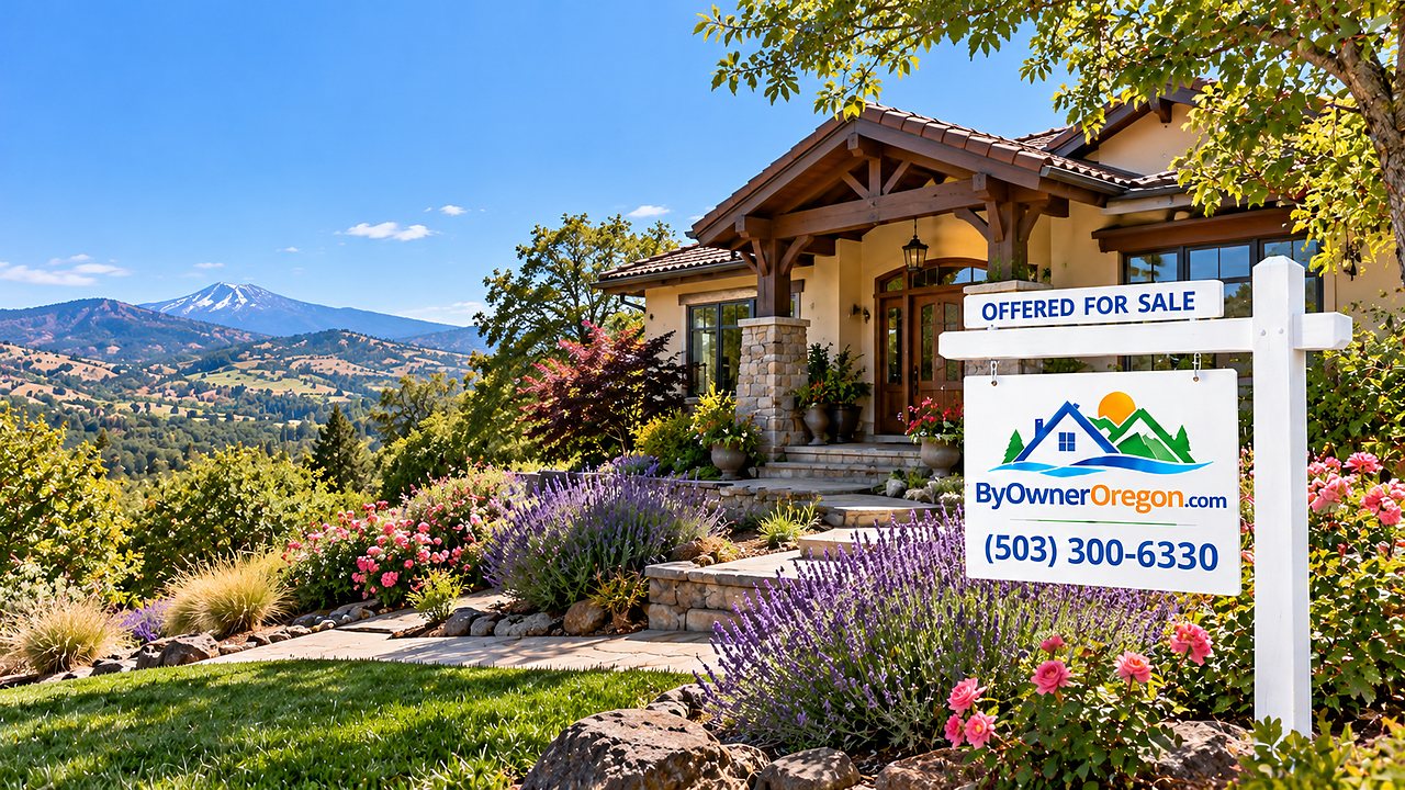 Ashland home for sale, with a for-sale sign, lavender beds and the Southern Oregon hills
