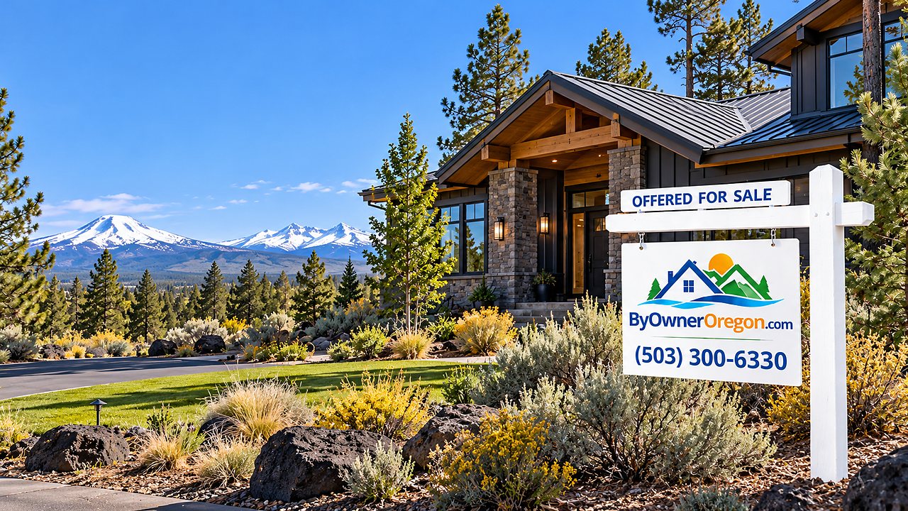 Bend home for sale among ponderosa pines, with a for-sale sign and snow-capped Cascade peaks