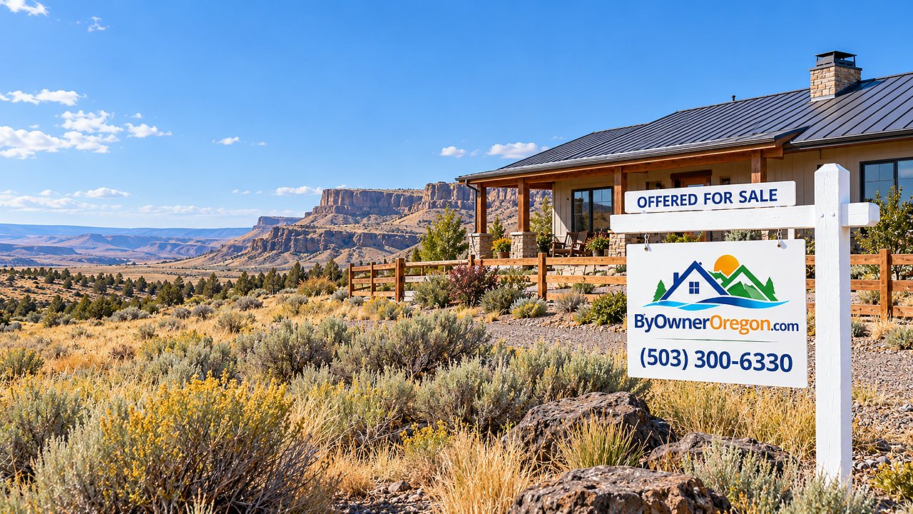 Eastern Oregon ranch home for sale, with a for-sale sign, sagebrush and canyon rimrock behind