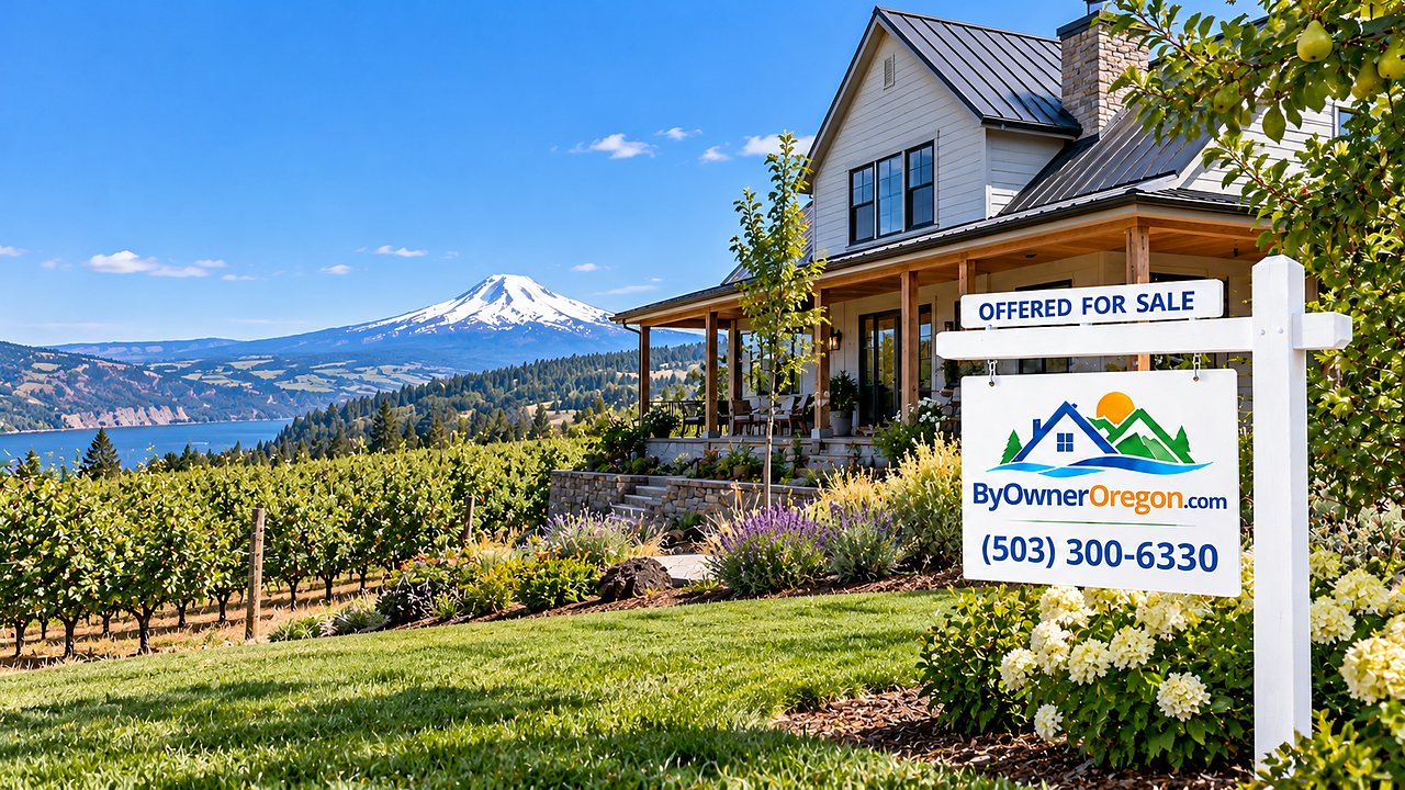 Hood River home for sale, with a for-sale sign, orchards and a snow-capped peak above the Columbia River
