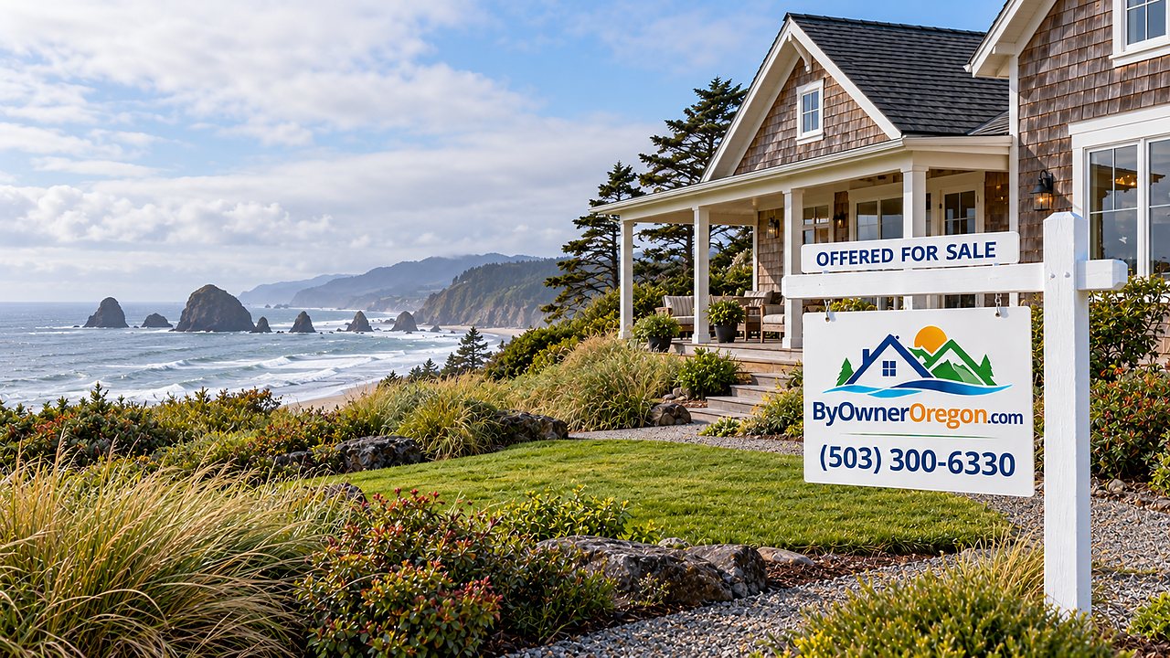 Oregon Coast home for sale, with a for-sale sign in the yard and sea stacks offshore