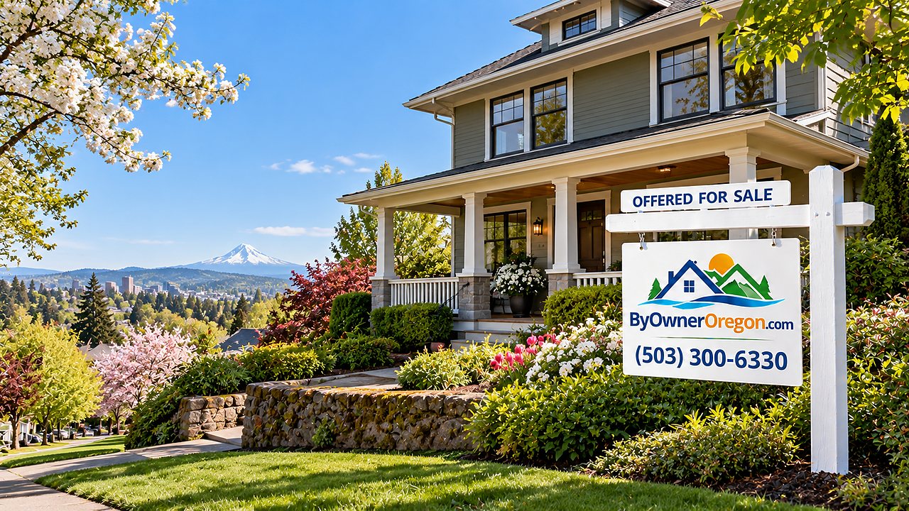 Portland craftsman home for sale, with a for-sale sign, spring blossoms and a snow-capped mountain in the distance