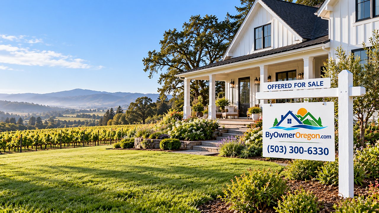 Willamette Valley farmhouse for sale, with a for-sale sign and vineyards rolling toward the hills